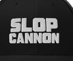 Slop Cannon Heavy Block Trucker Hat — Black / Black / White — embroidery placement detail; crop of supplier digital mockup, not stitched-sample evidence