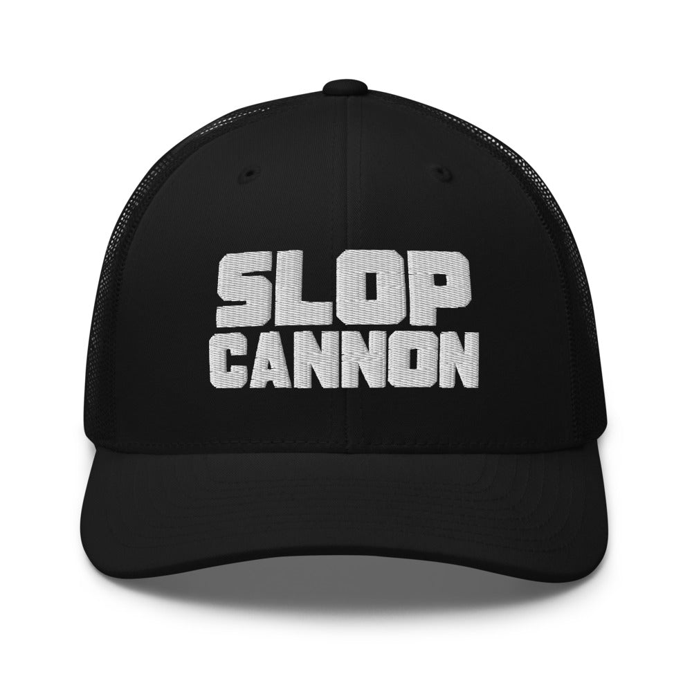 Slop Cannon Heavy Block Trucker Hat — Black / Black / White — front; supplier digital mockup