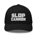 Slop Cannon Heavy Block Trucker Hat — Black / Black / White — front; supplier digital mockup
