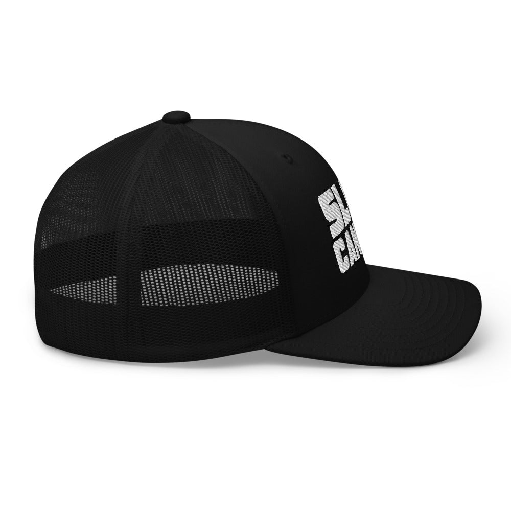 Slop Cannon Heavy Block Trucker Hat — Black / Black / White — side with front-only embroidery; supplier digital mockup