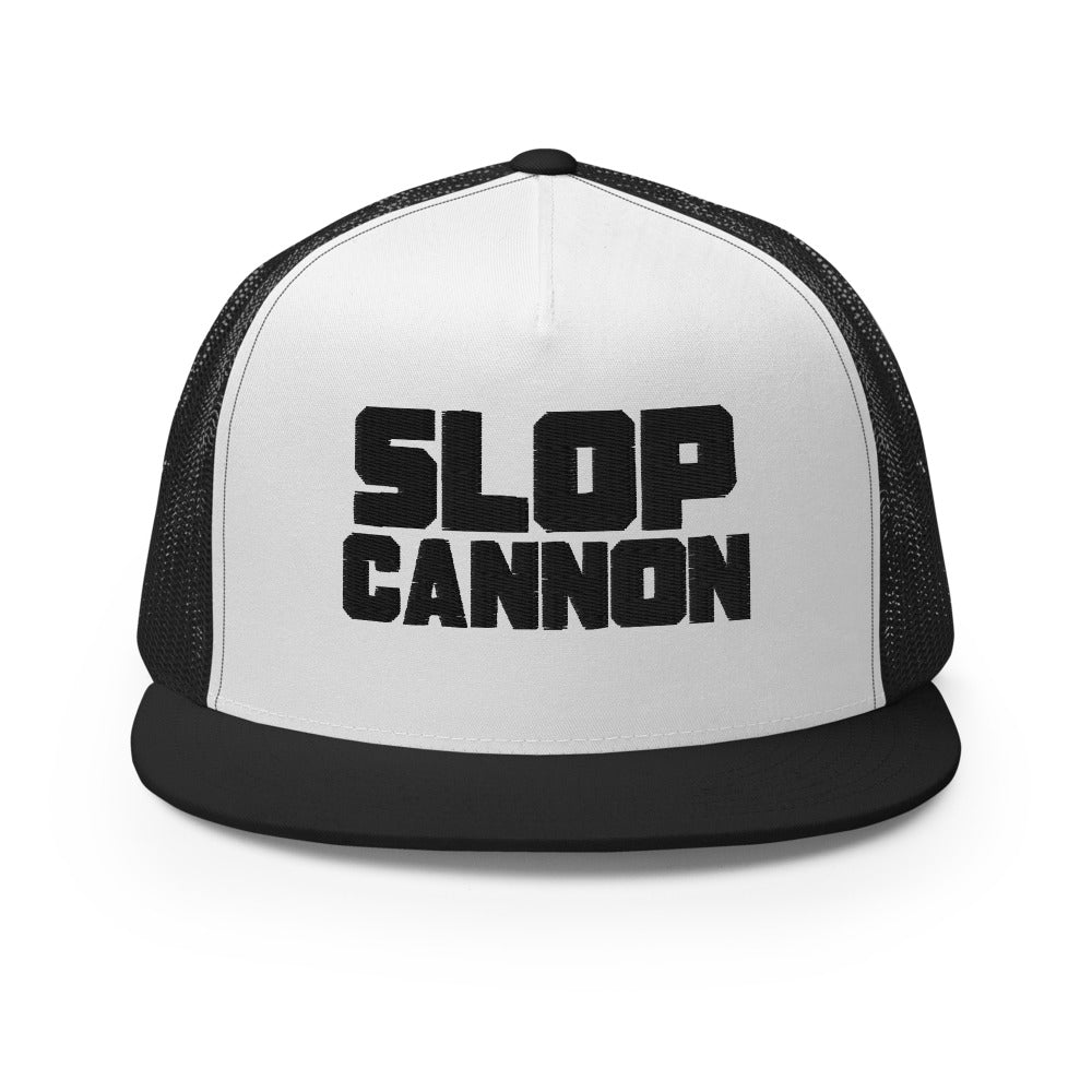 Slop Cannon Heavy Block Trucker Hat — White / Black / Black — front; supplier digital mockup