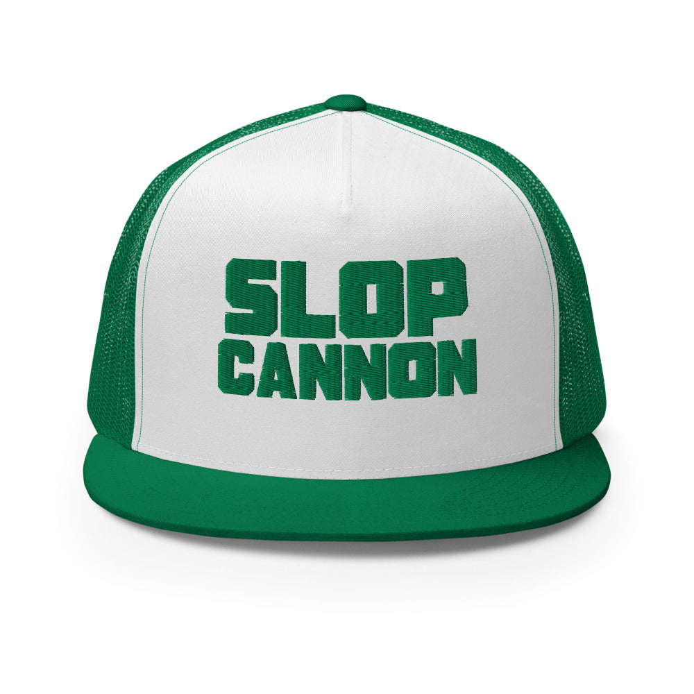 Slop Cannon Heavy Block Trucker Hat — White / Kelly / Kelly — front; supplier digital mockup