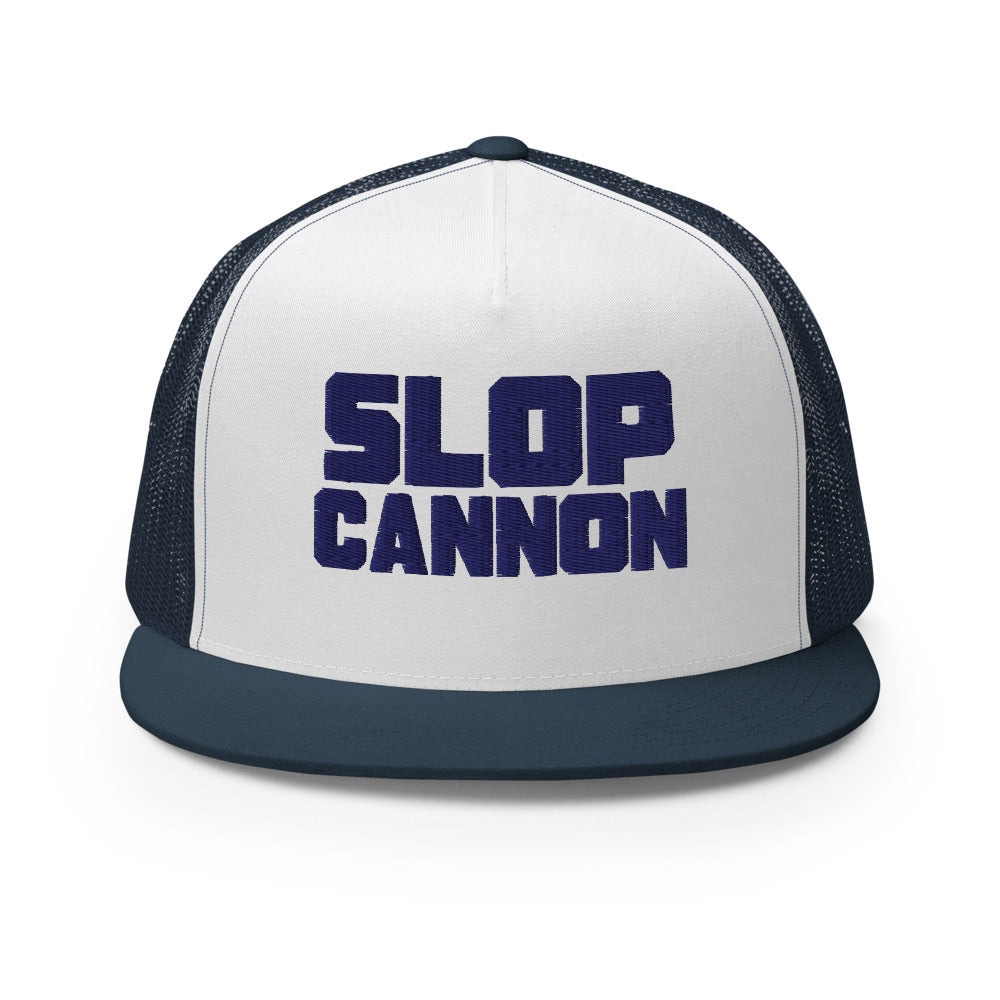 Slop Cannon Heavy Block Trucker Hat — White / Navy / Navy — front; supplier digital mockup