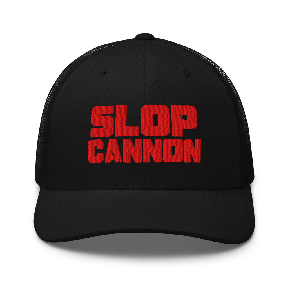 Slop Cannon Heavy Block Trucker Hat — Black / Black / Red — front; supplier digital mockup