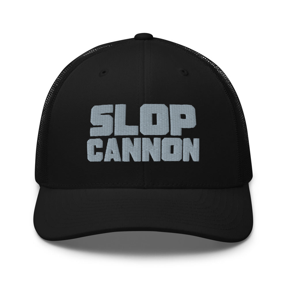 Slop Cannon Heavy Block Trucker Hat — Black / Black / Grey — front; supplier digital mockup