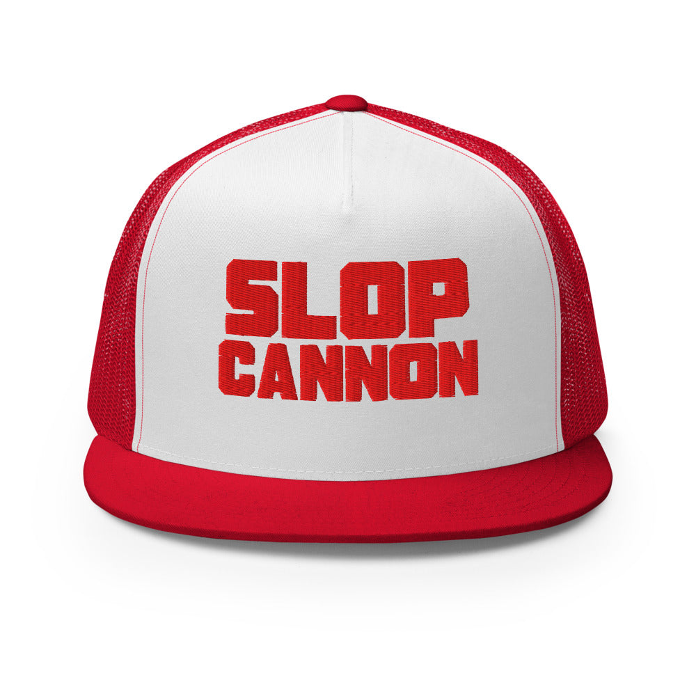Slop Cannon Heavy Block Trucker Hat — White / Red / Red — front; supplier digital mockup