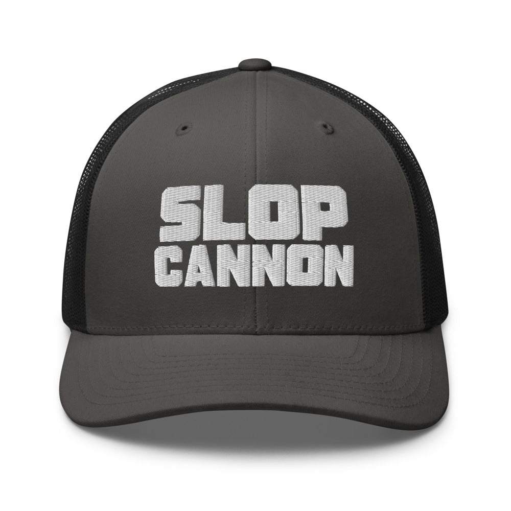 Slop Cannon Heavy Block Trucker Hat — Charcoal / Black / White — front; supplier digital mockup