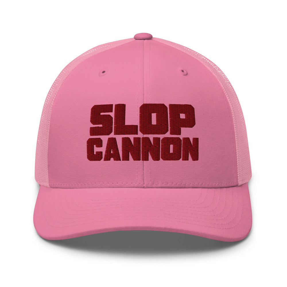Slop Cannon Heavy Block Trucker Hat — Pink / Pink / Maroon — front; supplier digital mockup