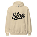 Wiglet Slop Script Hoodie — Sand / Black — clean front with approved Slop script and underline; Gildan 18500; supplier digital mockup.