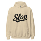 Wiglet Slop Script Hoodie — Sand / Black — clean front with approved Slop script and underline; Gildan 18500; supplier digital mockup.