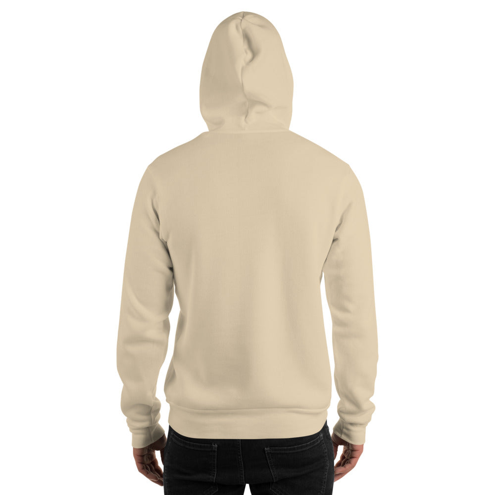 Wiglet Slop Script Hoodie — Sand / Black — adult model plain back, hood up; actual Gildan 18500; supplier digital mockup, hoodie only.