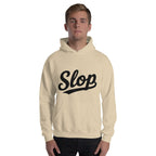 Wiglet Slop Script Hoodie — Sand / Black — adult model front with approved Slop script; actual Gildan 18500; supplier digital mockup, hoodie only.