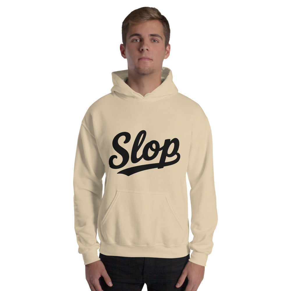 Wiglet Slop Script Hoodie — Sand / Black — adult model front with approved Slop script; actual Gildan 18500; supplier digital mockup, hoodie only.
