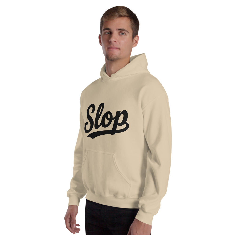 Wiglet Slop Script Hoodie — Sand / Black — adult model three-quarter view with plain sleeves; actual Gildan 18500; supplier digital mockup, hoodie only.