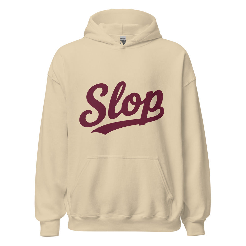 Wiglet Slop Script Hoodie — Sand / Burgundy — clean front with approved Slop script and underline; Gildan 18500; supplier digital mockup.