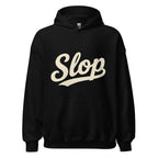 Wiglet Slop Script Hoodie — Black / Cream — clean front with approved Slop script and underline; Gildan 18500; supplier digital mockup.