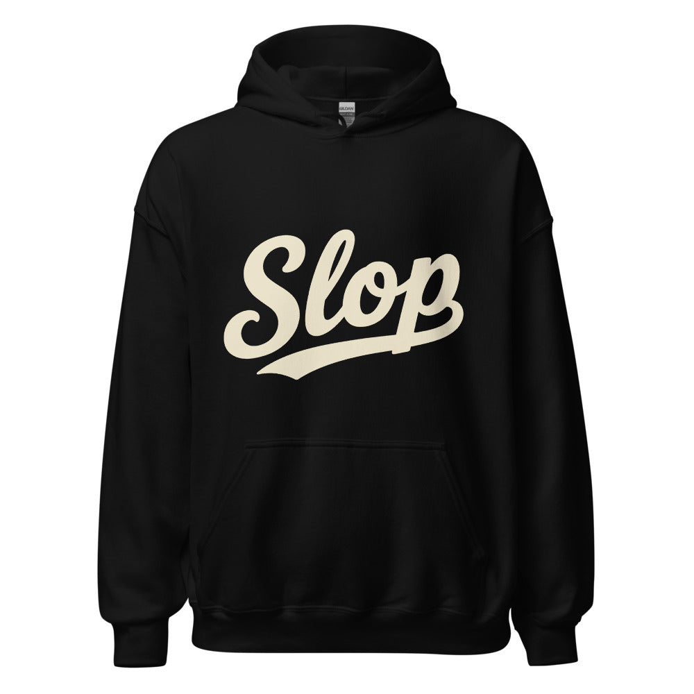 Wiglet Slop Script Hoodie — Black / Cream — clean front with approved Slop script and underline; Gildan 18500; supplier digital mockup.