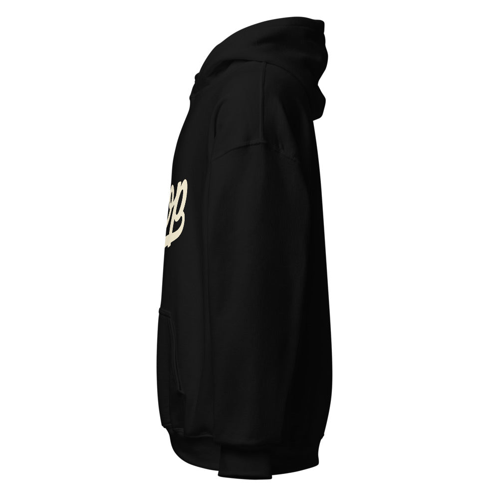 Wiglet Slop Script Hoodie — Black / Cream — actual left side with blank sleeve; Gildan 18500; supplier digital mockup.