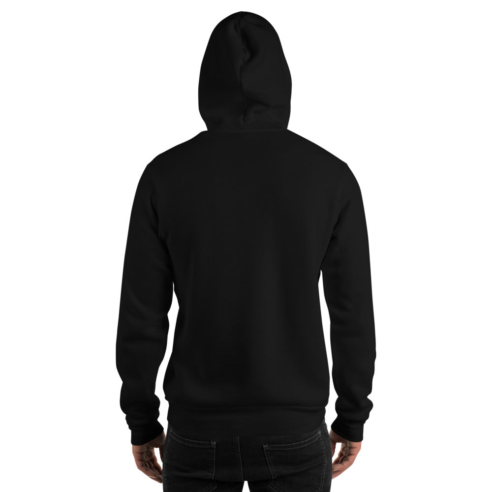 Wiglet Slop Script Hoodie — Black / Cream — adult model plain back, hood up; actual Gildan 18500; supplier digital mockup, hoodie only.