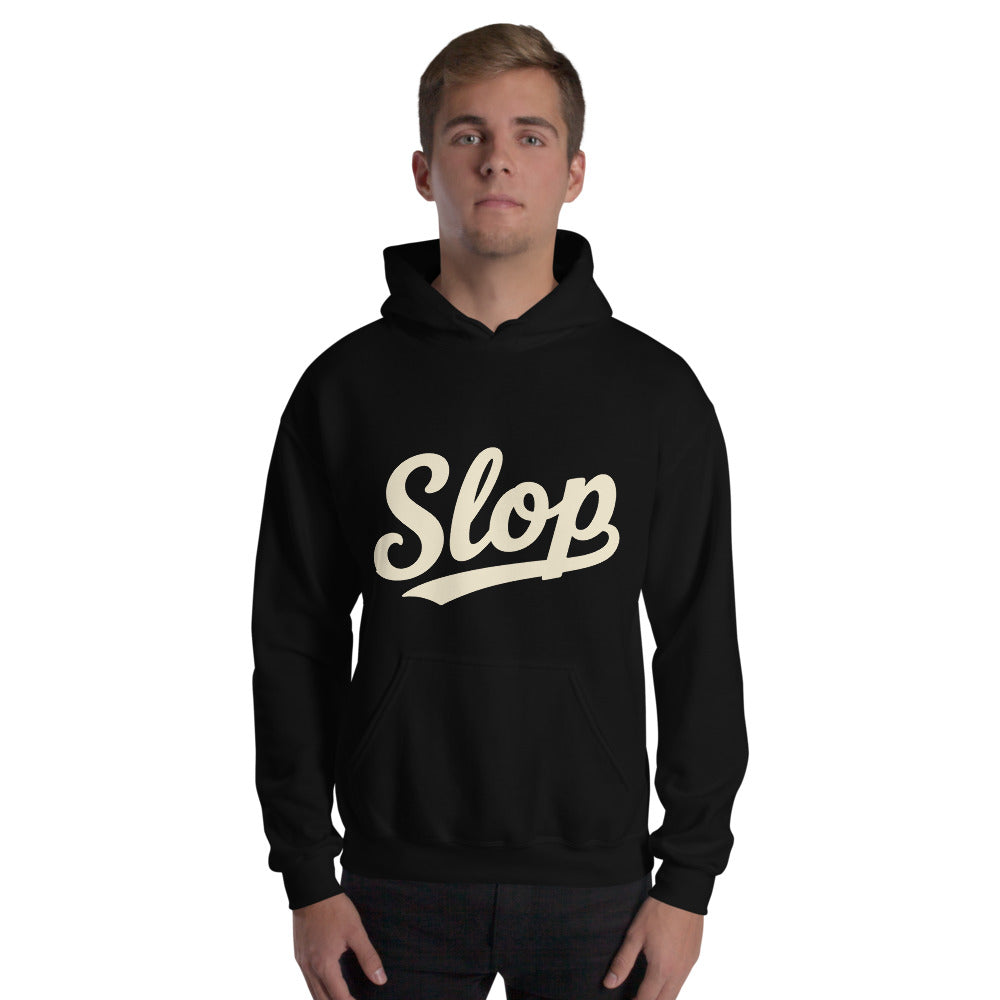 Wiglet Slop Script Hoodie — Black / Cream — adult model front with approved Slop script; actual Gildan 18500; supplier digital mockup, hoodie only.