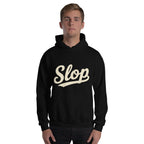 Wiglet Slop Script Hoodie — Black / Cream — adult model front with approved Slop script; actual Gildan 18500; supplier digital mockup, hoodie only.