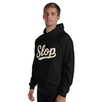 Wiglet Slop Script Hoodie — Black / Cream — adult model three-quarter view with plain sleeves; actual Gildan 18500; supplier digital mockup, hoodie only.
