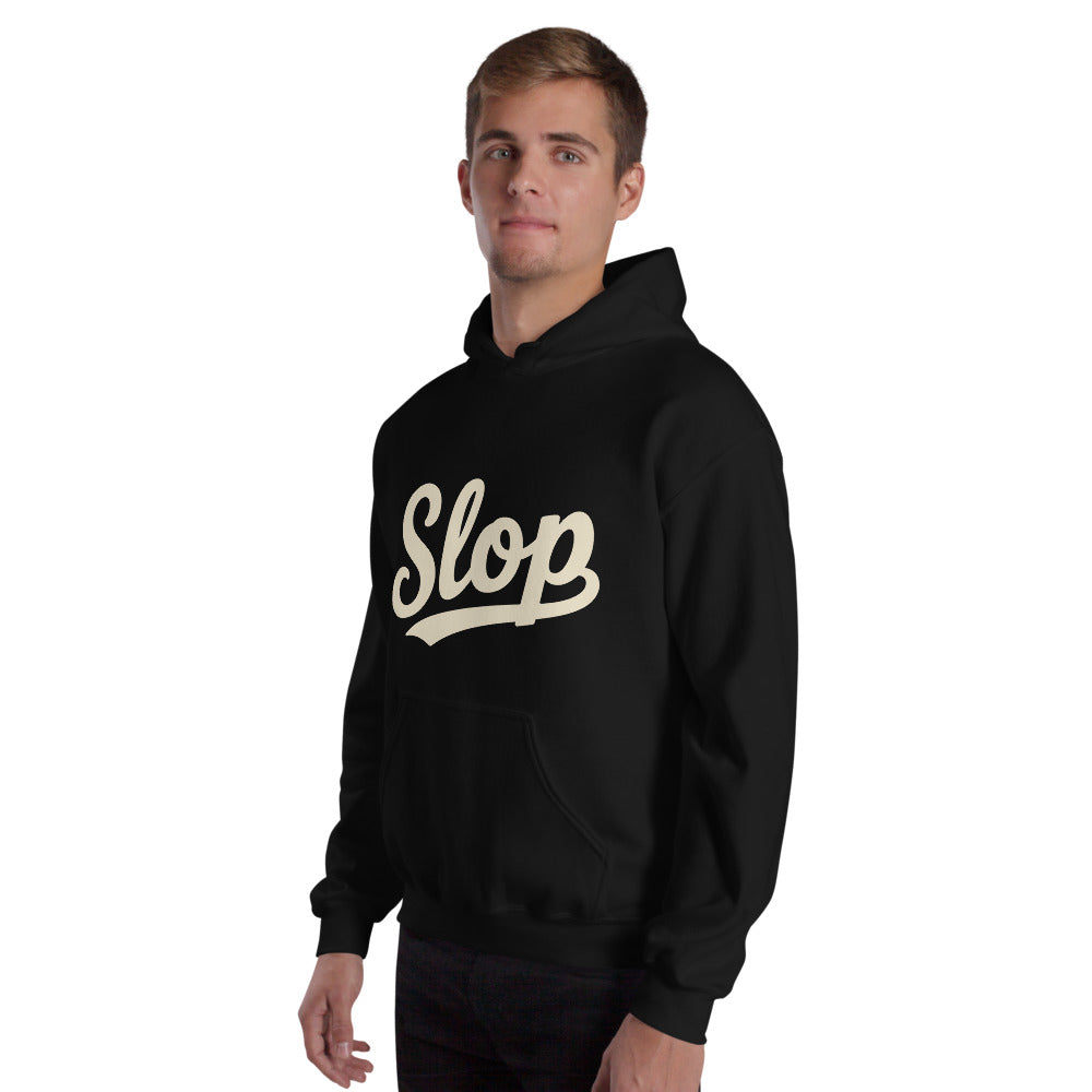 Wiglet Slop Script Hoodie — Black / Cream — adult model three-quarter view with plain sleeves; actual Gildan 18500; supplier digital mockup, hoodie only.