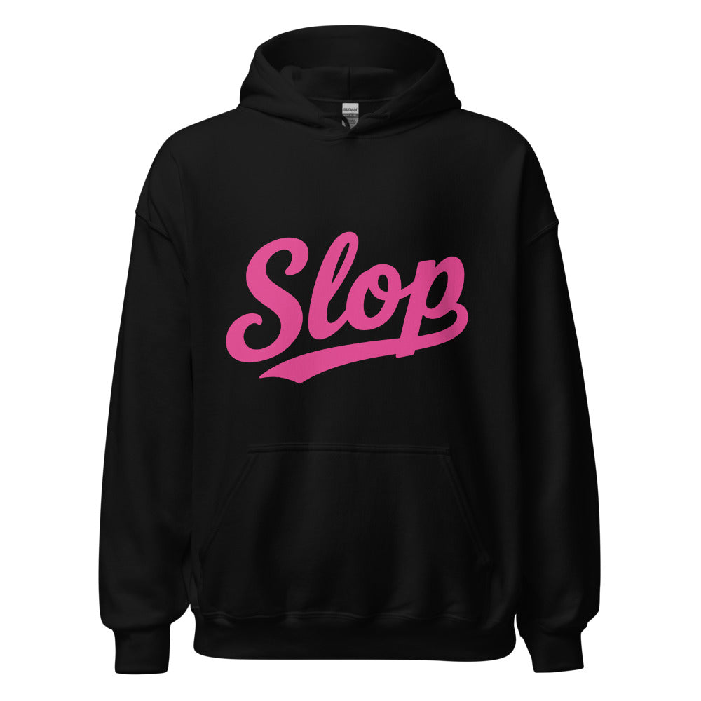 Wiglet Slop Script Hoodie — Black / Hot Pink — clean front with approved Slop script and underline; Gildan 18500; supplier digital mockup.