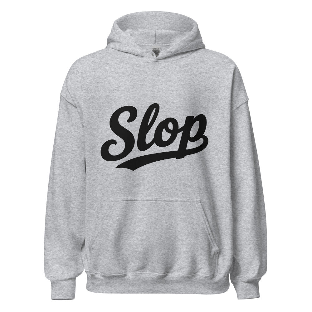 Wiglet Slop Script Hoodie — Sport Grey / Black — clean front with approved Slop script and underline; Gildan 18500; supplier digital mockup.