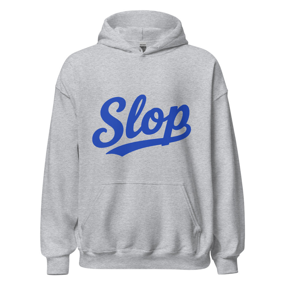 Wiglet Slop Script Hoodie — Sport Grey / Royal Blue — clean front with approved Slop script and underline; Gildan 18500; supplier digital mockup.