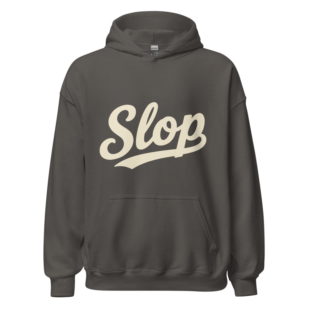Wiglet Slop Script Hoodie — Charcoal / Cream — clean front with approved Slop script and underline; Gildan 18500; supplier digital mockup.