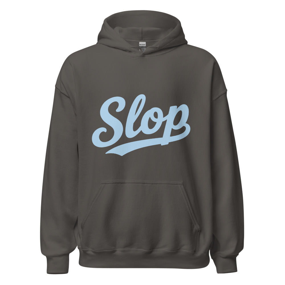 Wiglet Slop Script Hoodie — Charcoal / Ice Blue — clean front with approved Slop script and underline; Gildan 18500; supplier digital mockup.