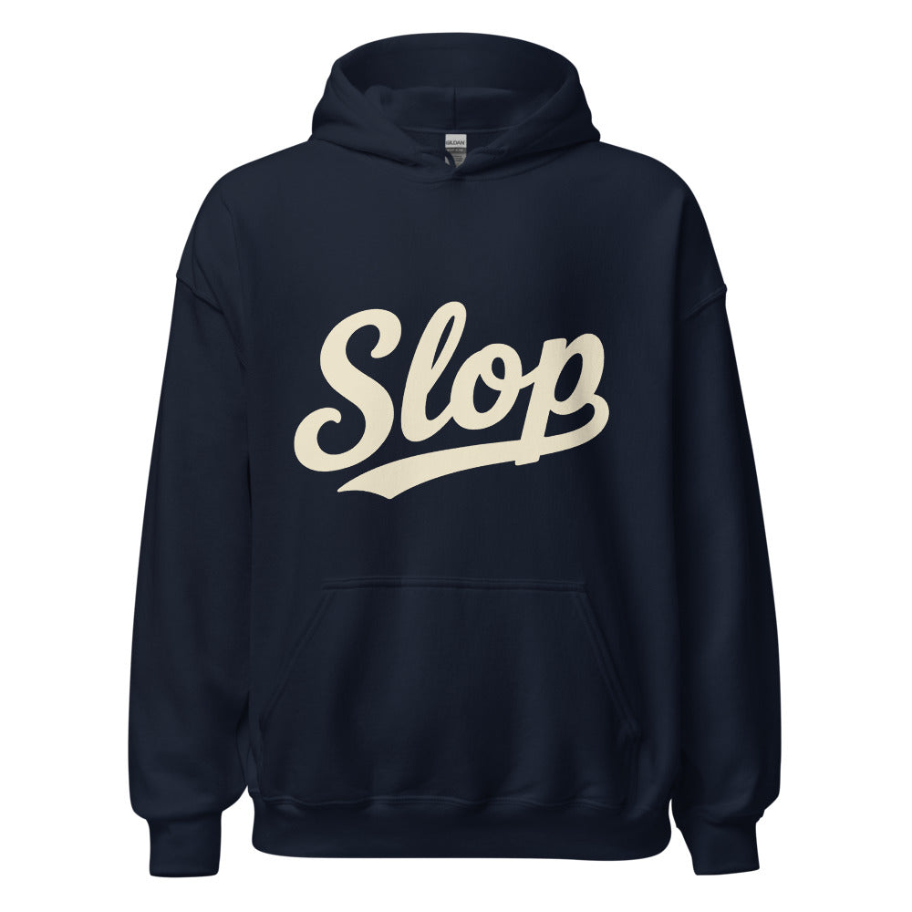 Wiglet Slop Script Hoodie — Navy / Cream — clean front with approved Slop script and underline; Gildan 18500; supplier digital mockup.