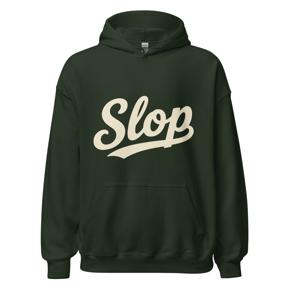 Wiglet Slop Script Hoodie — Forest Green / Cream — clean front with approved Slop script and underline; Gildan 18500; supplier digital mockup.