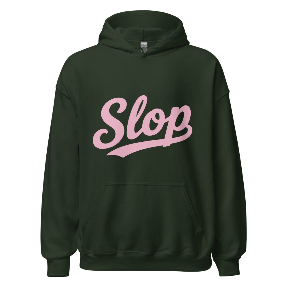 Wiglet Slop Script Hoodie — Forest Green / Light Pink — clean front with approved Slop script and underline; Gildan 18500; supplier digital mockup.