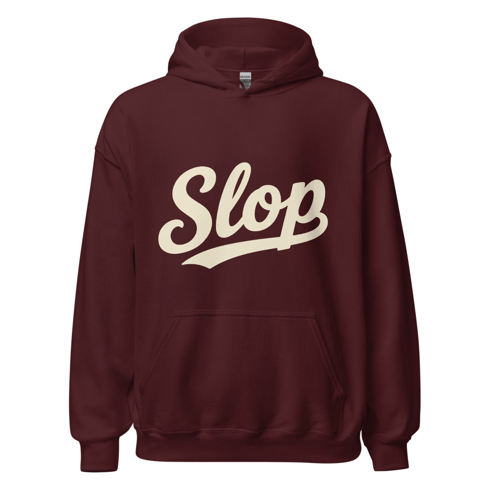 Wiglet Slop Script Hoodie — Maroon / Cream — clean front with approved Slop script and underline; Gildan 18500; supplier digital mockup.