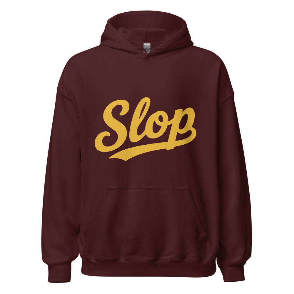 Wiglet Slop Script Hoodie — Maroon / Gold — clean front with approved Slop script and underline; Gildan 18500; supplier digital mockup.