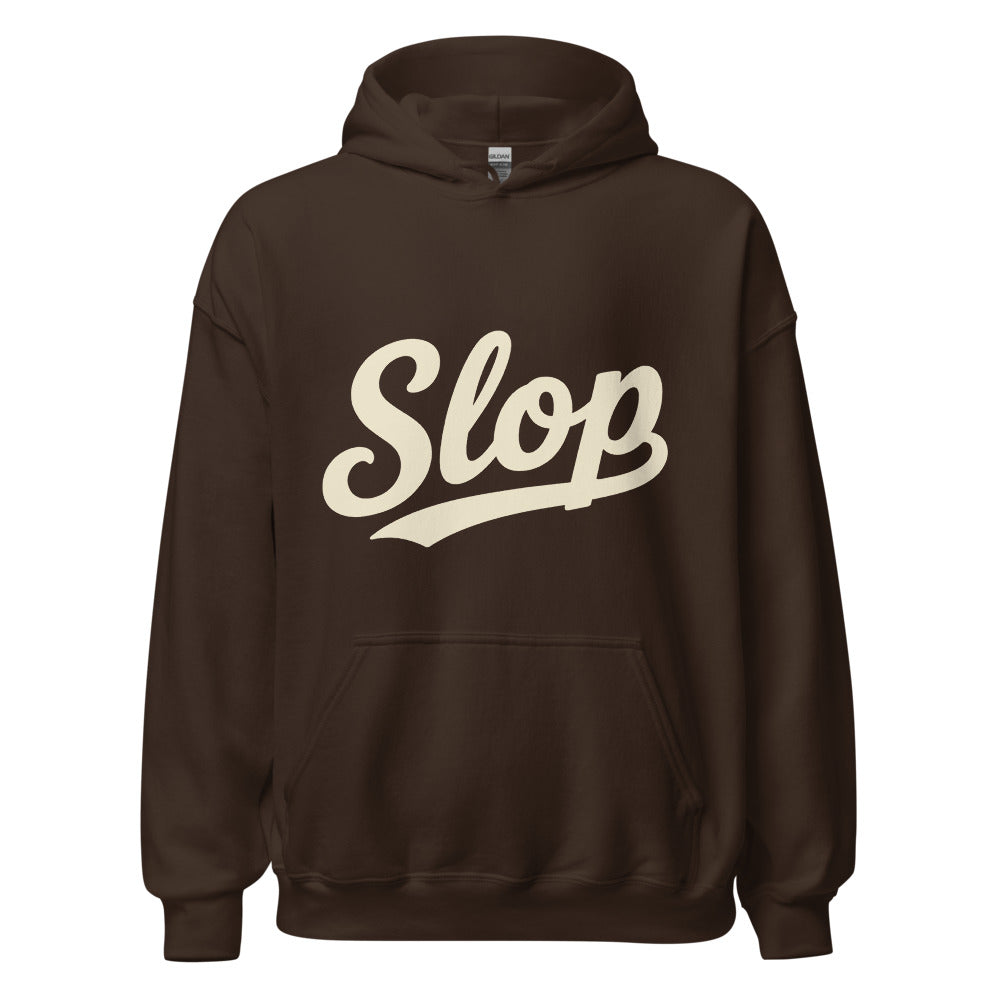 Wiglet Slop Script Hoodie — Dark Chocolate / Cream — clean front with approved Slop script and underline; Gildan 18500; supplier digital mockup.