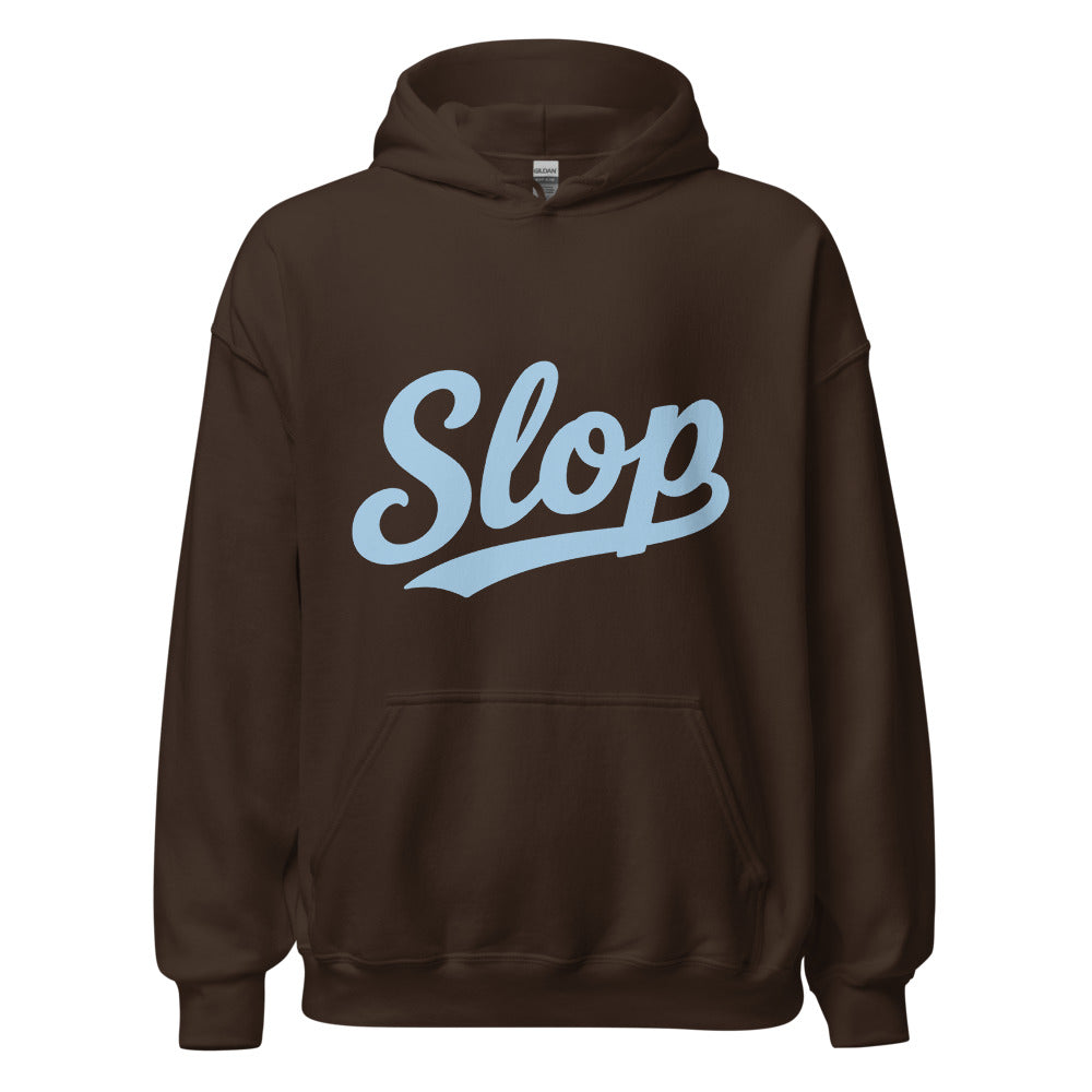 Wiglet Slop Script Hoodie — Dark Chocolate / Light Blue — clean front with approved Slop script and underline; Gildan 18500; supplier digital mockup.