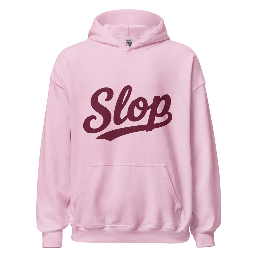 Wiglet Slop Script Hoodie — Light Pink / Burgundy — clean front with approved Slop script and underline; Gildan 18500; supplier digital mockup.