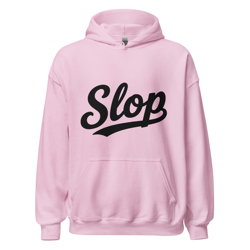 Wiglet Slop Script Hoodie — Light Pink / Black — clean front with approved Slop script and underline; Gildan 18500; supplier digital mockup.