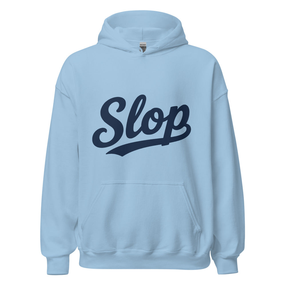 Wiglet Slop Script Hoodie — Light Blue / Navy — clean front with approved Slop script and underline; Gildan 18500; supplier digital mockup.
