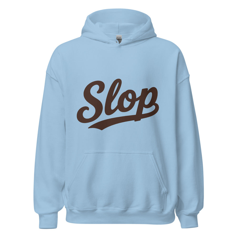 Wiglet Slop Script Hoodie — Light Blue / Chocolate — clean front with approved Slop script and underline; Gildan 18500; supplier digital mockup.