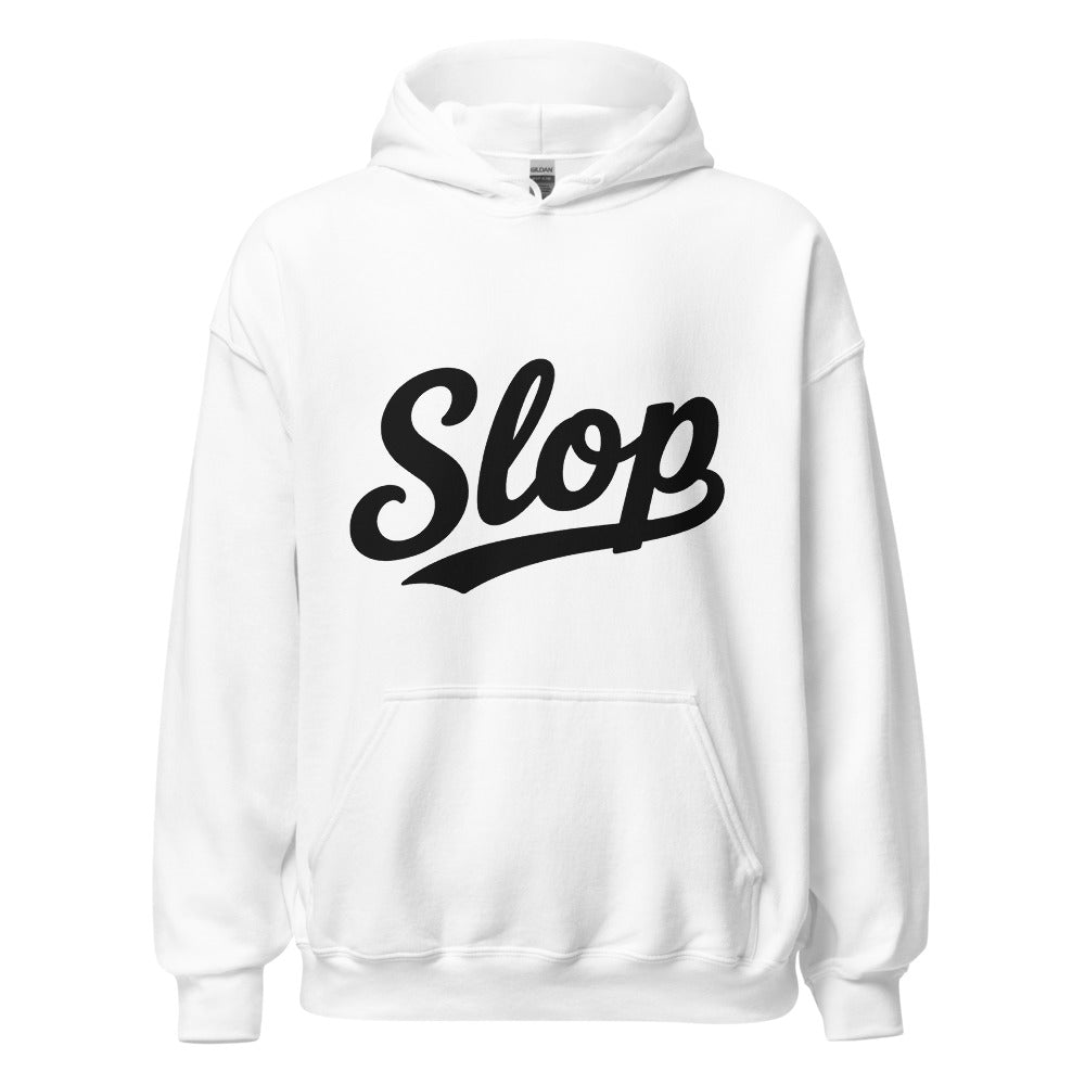 Wiglet Slop Script Hoodie — White / Black — clean front with approved Slop script and underline; Gildan 18500; supplier digital mockup.