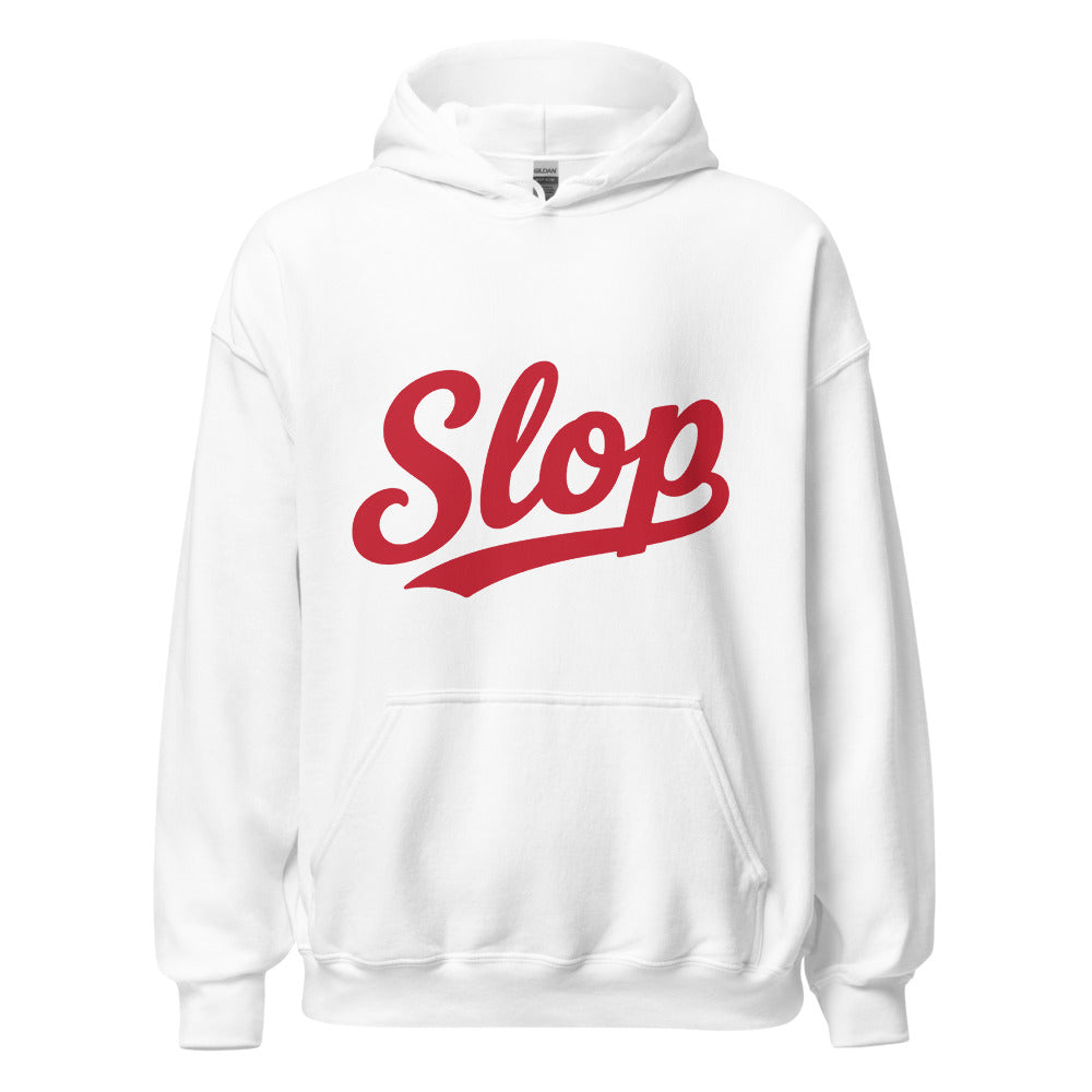 Wiglet Slop Script Hoodie — White / Red — clean front with approved Slop script and underline; Gildan 18500; supplier digital mockup.
