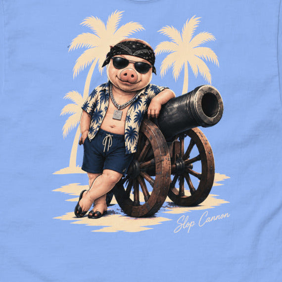 Cannon Country Club Tee — Pool Blue in Carolina Blue — front print detail cropped from the exact Printful digital mockup; not a manufactured sample photograph.
