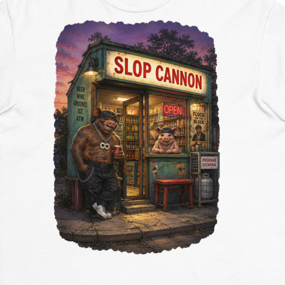 Corner Store Cannon Tee — Dusk in White — front print detail cropped from the exact Printful digital mockup; not a manufactured sample photograph.