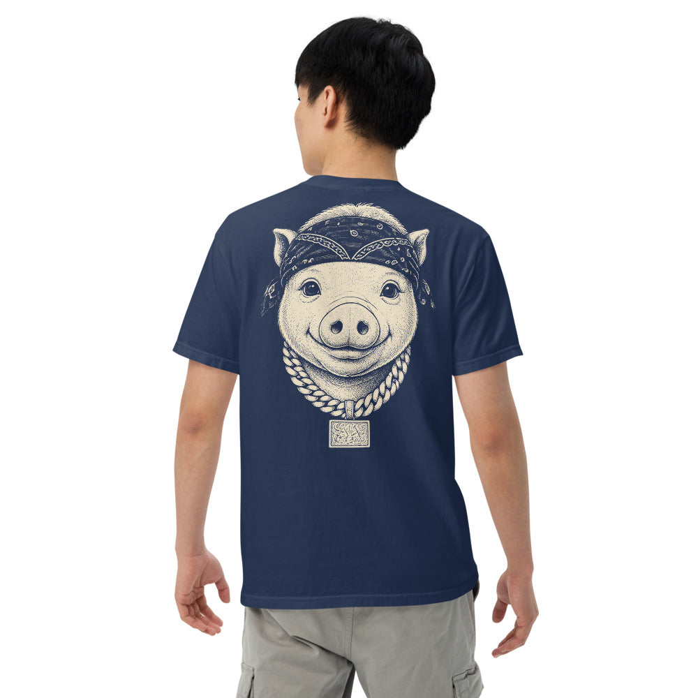 Little Cannon Boy Head Tee — Faded Navy in True Navy — supplier digital mockup on a model, back view of the configured garment and print; sleeves are unprinted.