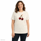Cherry Fuse women's tee — Natural — front model view; tee only; Women's Relaxed T-Shirt | Bella + Canvas 6400 Natural; digital model and artwork composite illustrating placement; not a manufactured sample photograph.