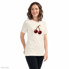 Cherry Fuse women's tee — Natural — three-quarter model view; tee only; Women's Relaxed T-Shirt | Bella + Canvas 6400 Natural; digital model and artwork composite illustrating placement; not a manufactured sample photograph.